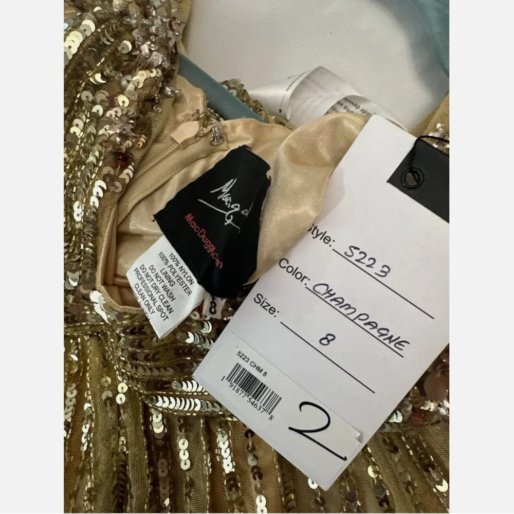 NWT $798 Mac Duggal [ 8 ] Sequin & Floral‎ Embellished Evening Gown Gold